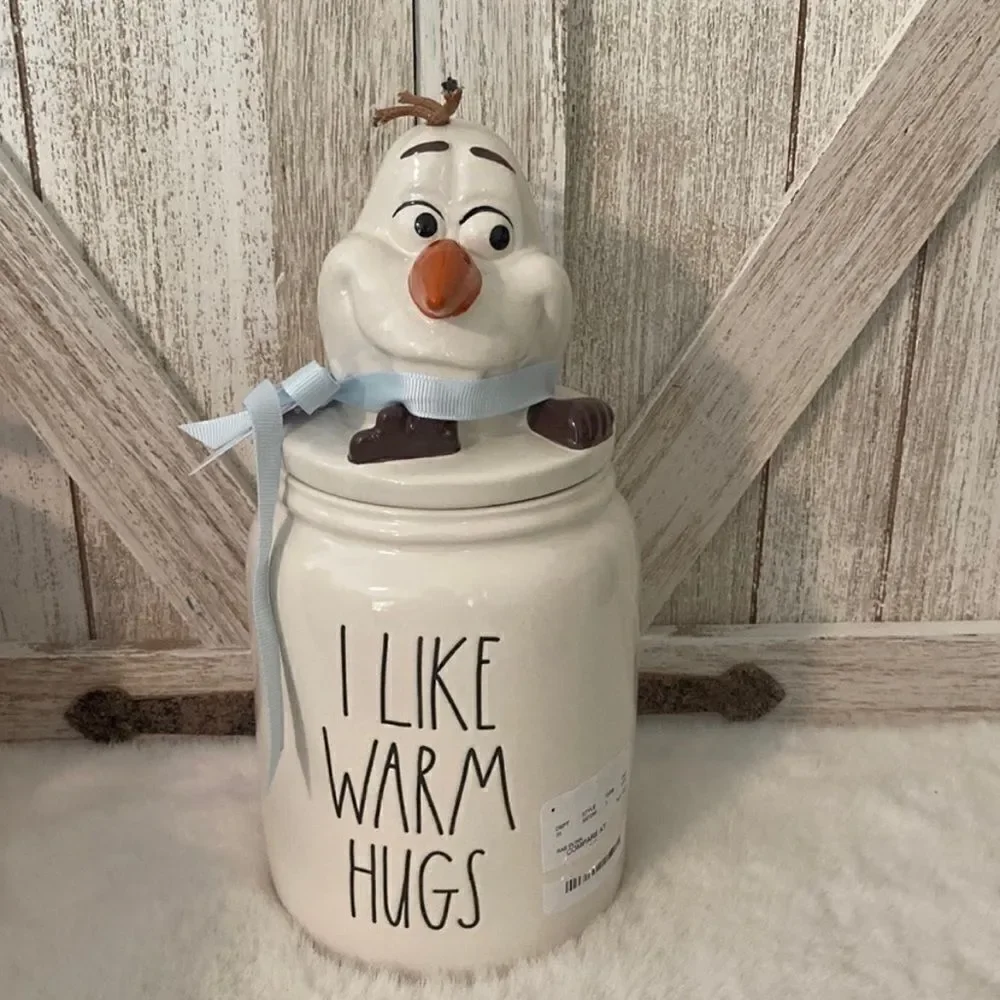 NWT Rae Dunn Disney Frozen Olaf” I lLIKE WARM HUGS”White Black Canister with Lid